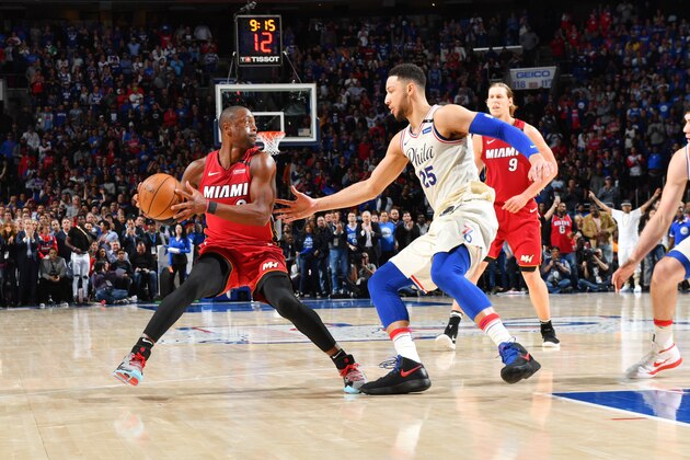 PHILADELPHIA, PA - APRIL 16: Dwyane Wade #3 of the Miami Heat handles the ball against the Philadelphia 76ers  in Game Two of Round One of the 2018 NBA Playoffs on April 16, 2018 in Philadelphia, Pennsylvania NOTE TO USER: User expressly acknowledges and agrees that, by downloading and/or using this Photograph, user is consenting to the terms and conditions of the Getty Images License Agreement. Mandatory Copyright Notice: Copyright 2018 NBAE (Photo by Jesse D. Garrabrant/NBAE via Getty Images)
