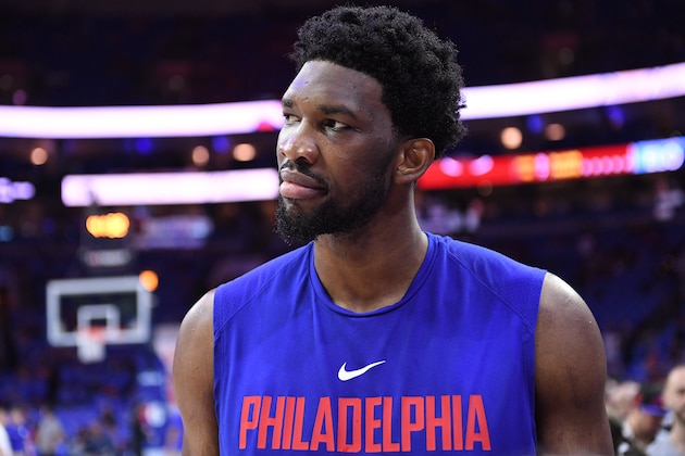 PHILADELPHIA, PA - APRIL 14: Joel Embiid #21 of the Philadelphia 76ers before the game against the Miami Heat in game one of round one of the 2018 NBA Playoffs on April 14, 2018 at the Wells Fargo Center in Philadelphia, Pennsylvania. NOTE TO USER: User expressly acknowledges and agrees that, by downloading and or using this photograph, User is consenting to the terms and conditions of the Getty Images License Agreement. (Photo by Matteo Marchi/Getty Images) *** Local Caption *** Joel Embiid