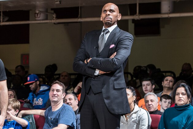 WHITE PLAINS, NY - FEBRUARY 24: Head Coach Jerry Stackhouse of the Raptors 905 looks on during the game against the Westchester Knicks during the NBA G-League on February 24, 2018 at the Westchester County Center in White Plains, New York. NOTE TO USER: User expressly acknowledges and agrees that, by downloading and/or using this photograph, user is consenting to the terms and conditions of the Getty Images License Agreement. Mandatory Copyright Notice: Copyright 2018 NBAE (Photo by Michael J. LeBrecht II/NBAE via Getty Images)