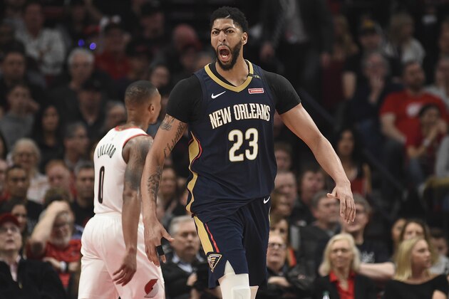 PORTLAND, OR - APRIL 14: Anthony Davis #23 of the New Orleans Pelicans reacts after making a shot during the second half of game one of the the first round of the 2018 NBA Playoffs against the Portland Trail Blazers at the Moda Center on April 14, 2018 in Portland, Oregon. The Pelicans won 97-95. (Photo by Steve Dykes/Getty Images)  NOTE TO USER: User expressly acknowledges and agrees that, by downloading and or using this photograph, User is consenting to the terms and conditions of the Getty Images License Agreement.