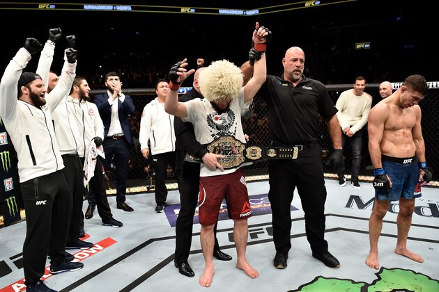 BROOKLYN, NEW YORK - APRIL 07:  Khabib Nurmagomedov of Russia celebrates after his unanimous-decision victory over Al Iaquinta in their lightweight title bout during the UFC 223 event inside Barclays Center on April 7, 2018 in Brooklyn, New York. (Photo by Jeff Bottari/Zuffa LLC/Zuffa LLC via Getty Images)