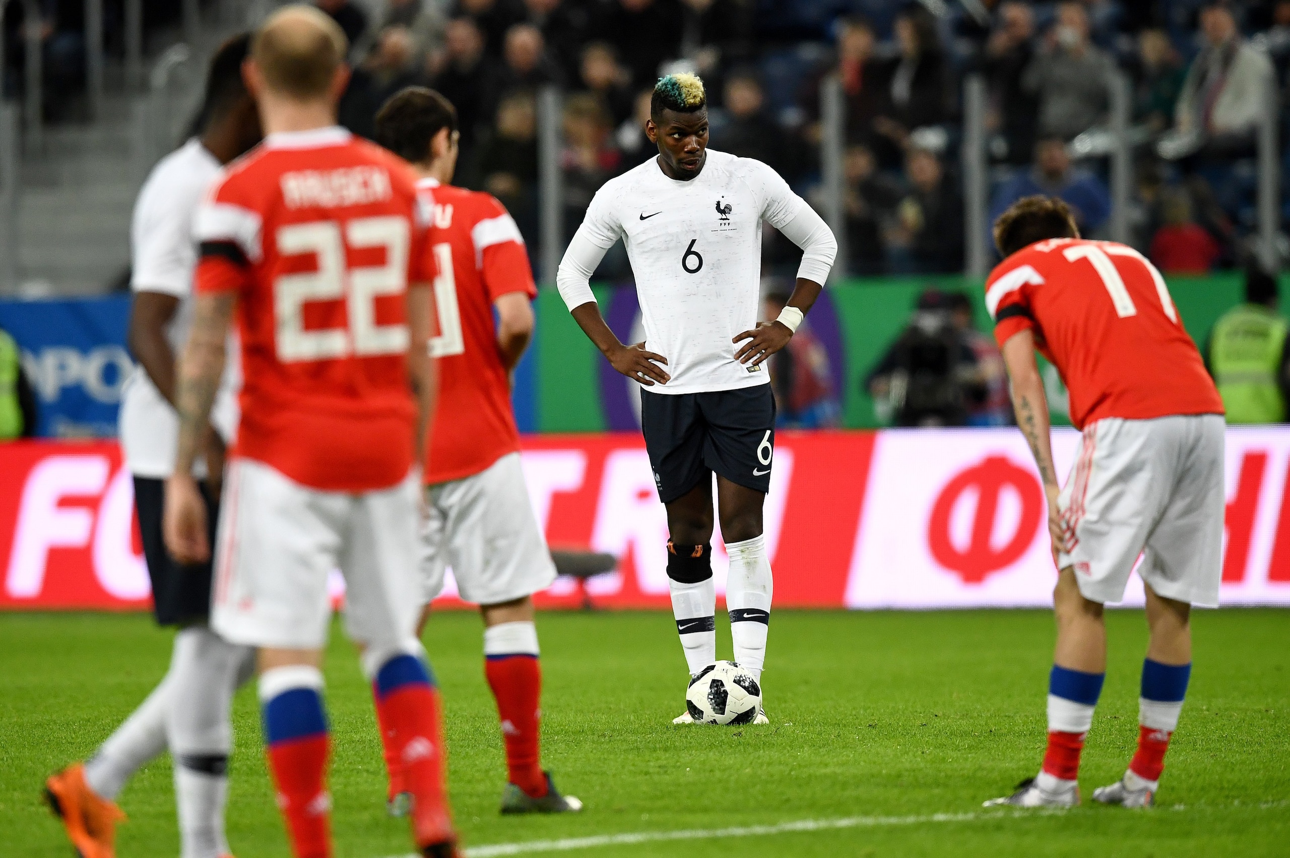 France's midfielder Paul Pogba (C) concentrates before scoring the team's second goal during an international friendly football match between Russia and France at the Saint Petersburg Stadium in Saint Petersburg on March 27, 2018. / AFP PHOTO / FRANCK FIFE (Photo credit should read FRANCK FIFE/AFP/Getty Images) France's midfielder Paul Pogba (C) concentrates before scoring the team's second goal during an international friendly football match between Russia and France at the Saint Petersburg Stadium in Saint Petersburg on March 27, 2018. / AFP PHOTO / FRANCK FIFE (Photo credit should read FRANCK FIFE/AFP/Getty Images)