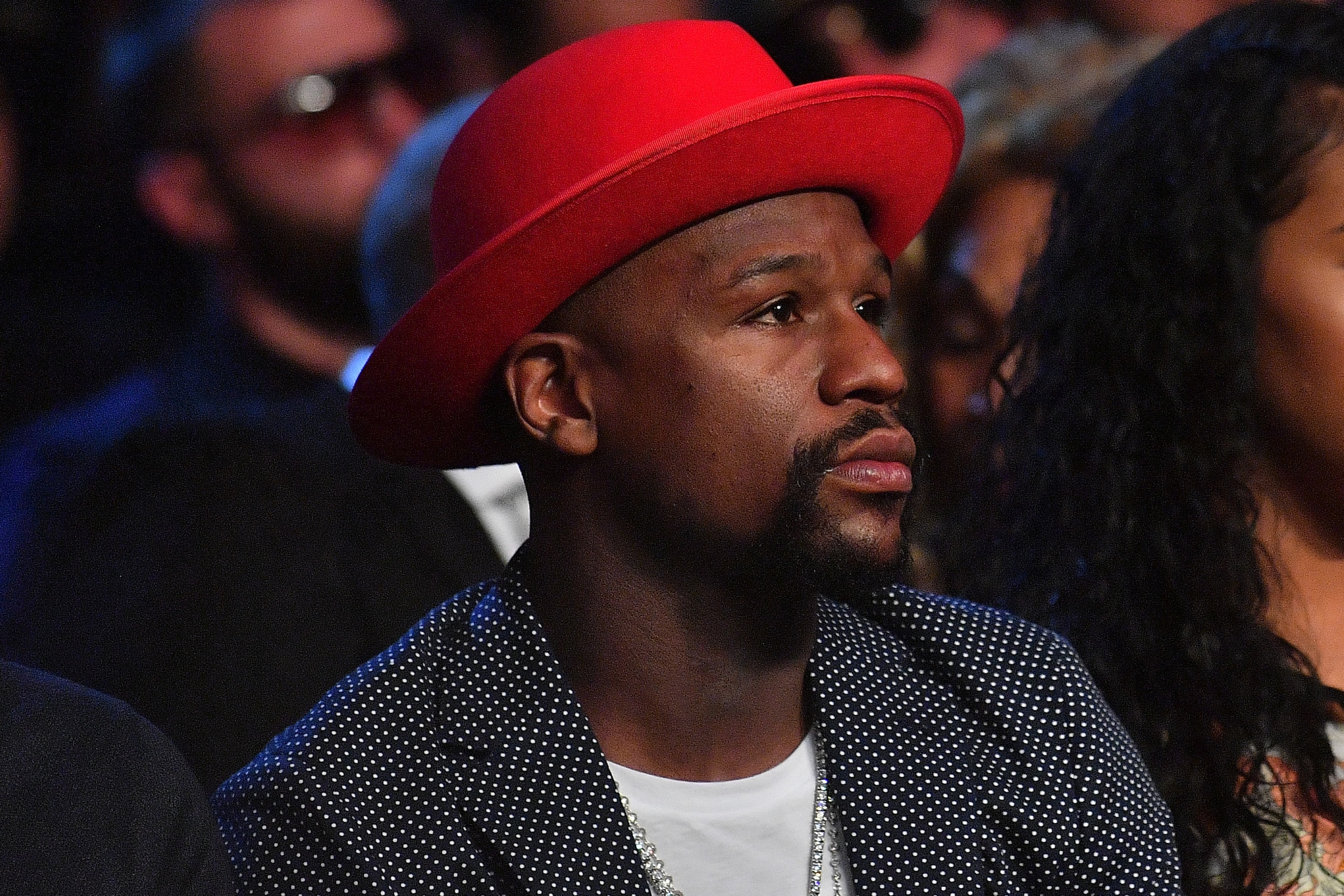 LAS VEGAS, NV - APRIL 07:  Professional boxer Floyd Mayweather Jr. looks on during the junior middleweight bout between Nathaniel Gallimore and Julian Williams at The Joint inside the Hard Rock Hotel & Casino on April 7, 2018 in Las Vegas, Nevada. Williams won by majority decision.  (Photo by Sam Wasson/Getty Images)