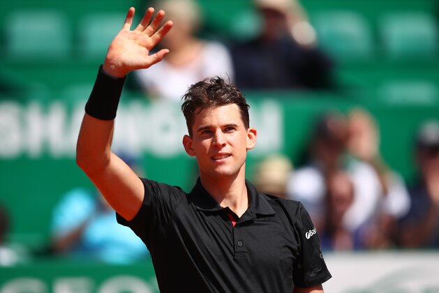 MONTE-CARLO, MONACO - APRIL 17:  Dominic Thiem of Austria waves to the crowd after victory in his Mens Singles match against Andrey Rublev of Russia  at Monte-Carlo Sporting Club on April 17, 2018 in Monte-Carlo, Monaco.  (Photo by Julian Finney/Getty Images)