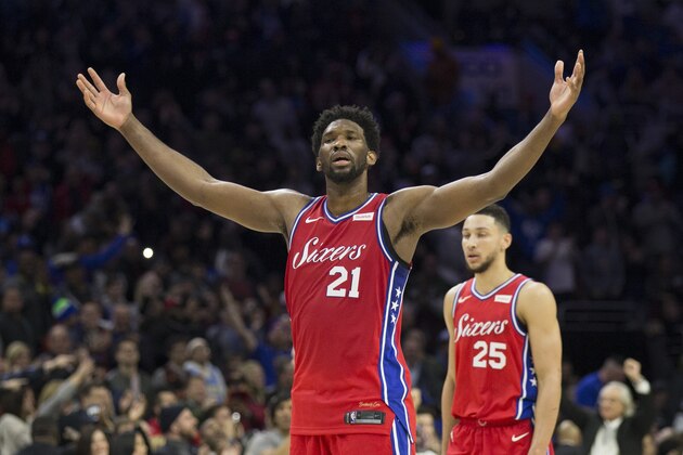 PHILADELPHIA, PA - DECEMBER 15: Joel Embiid #21 and Ben Simmons #25 of the Philadelphia 76ers react against the Oklahoma City Thunder at the Wells Fargo Center on December 15, 2017 in Philadelphia, Pennsylvania. NOTE TO USER: User expressly acknowledges and agrees that, by downloading and or using this photograph, User is consenting to the terms and conditions of the Getty Images License Agreement. (Photo by Mitchell Leff/Getty Images)