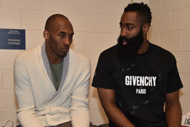 HOUSTON, TX - APRIL 10:  Kobe Bryant #24 of the Los Angeles Lakers talks to James Harden #13 of the Houston Rockets after the game on April 10, 2016 at the Toyota Center in Houston, Texas. NOTE TO USER: User expressly acknowledges and agrees that, by downloading and or using this photograph, User is consenting to the terms and conditions of the Getty Images License Agreement. Mandatory Copyright Notice: Copyright 2016 NBAE (Photo by Bill Baptist/NBAE via Getty Images)