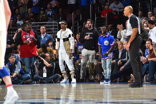 PHILADELPHIA, PA - APRIL 16:  Allen Iverson and Kevin Hart react during Game Two of Round One of the 2018 NBA Playoffs between the Philadelphia 76ers and Miami Heat on April 16, 2018 in Philadelphia, Pennsylvania NOTE TO USER: User expressly acknowledges and agrees that, by downloading and/or using this Photograph, user is consenting to the terms and conditions of the Getty Images License Agreement. Mandatory Copyright Notice: Copyright 2018 NBAE (Photo by Jesse D. Garrabrant/NBAE via Getty Images)