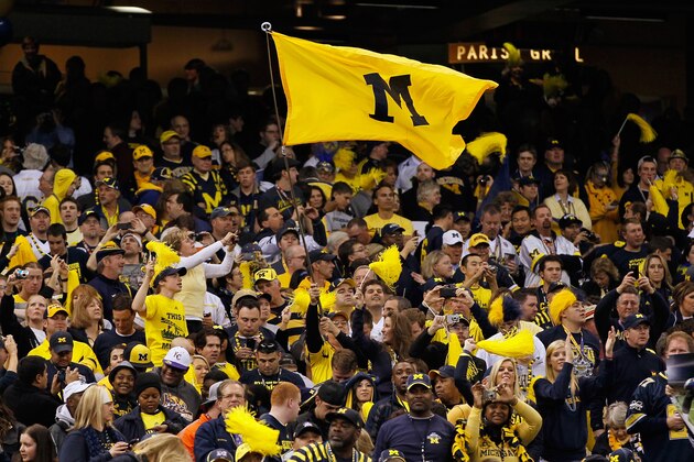 NEW ORLEANS, LA - JANUARY 03:  Fans of the Michigan Wolverines support their school against the Virginia Tech Hokies during the Allstate Sugar Bowl at Mercedes-Benz Superdome on January 3, 2012 in New Orleans, Louisiana.  (Photo by Kevin C. Cox/Getty Images)