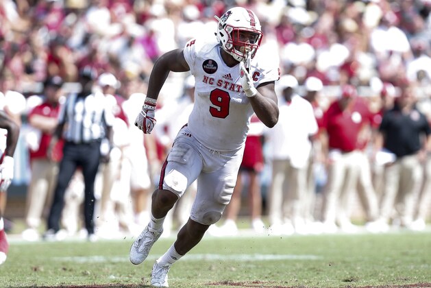 TALLAHASSEE, FL - SEPTEMBER 23: Defensive End Bradley Chubb #9 of the North Carolina State Wolfpack during the game against the Florida State Seminoles at Doak Campbell Stadium on Bobby Bowden Field on September 23, 2017 in Tallahassee, Florida. NC State defeated Florida State 27 to 21. (Photo by Don Juan Moore/Getty Images)