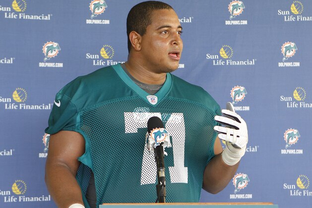 DAVIE, FL - MAY 4: Jonathan Martin #71 of the Miami Dolphins talks ot the media after the rookie minicamp on May 4, 2012 at the Miami Dolphins training facility in Davie, Florida. (Photo by Joel Auerbach/Getty Images)