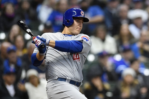 MILWAUKEE, WI - APRIL 05:  Anthony Rizzo #44 of the Chicago Cubs at bat during a game against the Milwaukee Brewers at Miller Park on April 5, 2018 in Milwaukee, Wisconsin.  The Cubs defeated the Brewers 8-0.  (Photo by Stacy Revere/Getty Images)