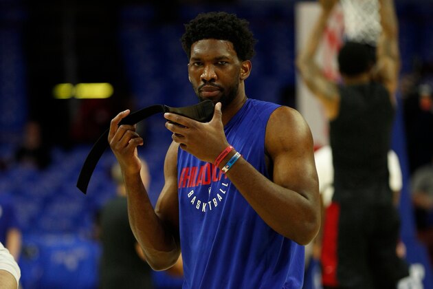 Philadelphia 76ers' Joel Embiid, of Cameroon, about to put his mask back on prior to the first half in Game 1 of a first-round NBA basketball playoff series against the Miami Heat, Saturday, April 14, 2018, in Philadelphia. (AP Photo/Chris Szagola) Philadelphia 76ers' Joel Embiid, of Cameroon, about to put his mask back on prior to the first half in Game 1 of a first-round NBA basketball playoff series against the Miami Heat, Saturday, April 14, 2018, in Philadelphia. (AP Photo/Chris Szagola)