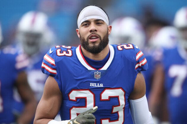 BUFFALO, NY - NOVEMBER 12: Micah Hyde #23 of the Buffalo Bills warms up before the start of NFL game action against the New Orleans Saints at New Era Field on November 12, 2017 in Buffalo, New York. (Photo by Tom Szczerbowski/Getty Images)