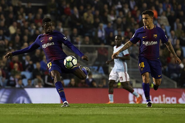 VIGO, SPAIN - APRIL 17:  Ousmane Dembele of FC Barcelona shoots on goal and scores his team's first goal during the La Liga match between Celta de Vigo and Barcelona at Balaidos Stadium on April 17, 2018 in Vigo, Spain.  (Photo by Quality Sport Images/Getty Images)
