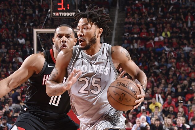 HOUSTON, TX - APRIL 15: Derrick Rose #25 of the Minnesota Timberwolves handles the ball against the Houston Rockets in Game One of Round One of the 2018 NBA Playoffs on April 15, 2018 at the Toyota Center in Houston, Texas. NOTE TO USER: User expressly acknowledges and agrees that, by downloading and or using this photograph, User is consenting to the terms and conditions of the Getty Images License Agreement. Mandatory Copyright Notice: Copyright 2018 NBAE (Photo by Bill Baptist/NBAE via Getty Images)