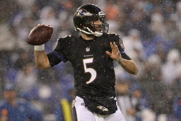BALTIMORE, MD - DECEMBER 23: Quarterback Joe Flacco #5 of the Baltimore Ravens throws the ball in the third quarter against the Indianapolis Colts at M&T Bank Stadium on December 23, 2017 in Baltimore, Maryland. (Photo by Patrick Smith/Getty Images)
