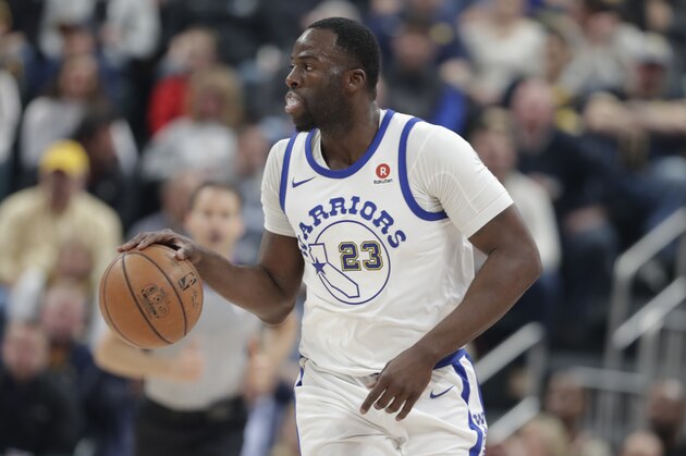 Golden State Warriors forward Draymond Green (23) brings the ball up court against the Indiana Pacer during the first half of an NBA basketball game in Indianapolis, Thursday, April 5, 2018. (AP Photo/Michael Conroy) Golden State Warriors forward Draymond Green (23) brings the ball up court against the Indiana Pacer during the first half of an NBA basketball game in Indianapolis, Thursday, April 5, 2018. (AP Photo/Michael Conroy)