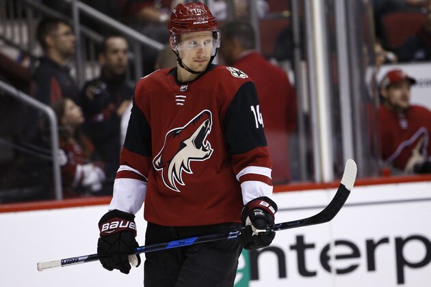 Arizona Coyotes right wing Richard Panik (14) pauses on the ice during the second period of an NHL hockey game against the Nashville Predators Thursday, March 15, 2018, in Glendale, Ariz. The Predators defeated the Coyotes 3-2. (AP Photo/Ross D. Franklin)