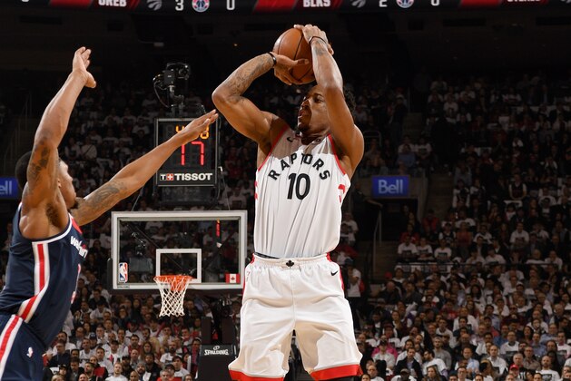 TORONTO, CANADA - APRIL 17: DeMar DeRozan #10 of the Toronto Raptors shoots the ball against the Washington Wizards in Game Two of Round One of the 2018 NBA Playoffs on April 17, 2018 at the Air Canada Centre in Toronto, Ontario, Canada.  NOTE TO USER: User expressly acknowledges and agrees that, by downloading and or using this Photograph, user is consenting to the terms and conditions of the Getty Images License Agreement.  Mandatory Copyright Notice: Copyright 2018 NBAE (Photo by Ron Turenne/NBAE via Getty Images)
