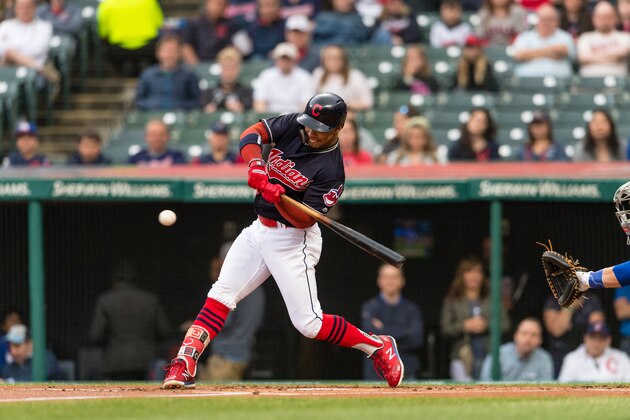 CLEVELAND, OH - APRIL 13: Francisco Lindor #12 of the Cleveland Indians at bat during the first inning against the Toronto Blue Jays at Progressive Field on April 13, 2018 in Cleveland, Ohio. (Photo by Jason Miller/Getty Images)