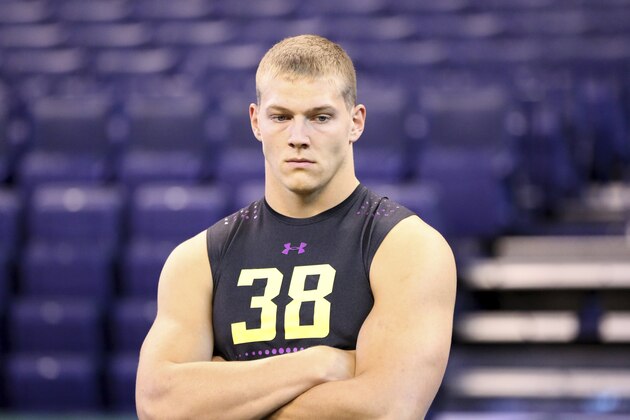 Boise State linebacker Leighton Vander Esch is seen at the 2018 NFL Scouting Combine on Sunday, March 4, 2018, in Indianapolis. (AP Photo/Gregory Payan)