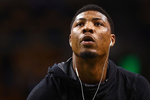 BOSTON, MA - MARCH 11:  Marcus Smart #36 of the Boston Celtics looks on before a game against the Indiana Pacers at TD Garden on March 11, 2018 in Boston, Massachusetts. NOTE TO USER: User expressly acknowledges and agrees that, by downloading and or using this photograph, User is consenting to the terms and conditions of the Getty Images License Agreement. (Photo by Adam Glanzman/Getty Images)