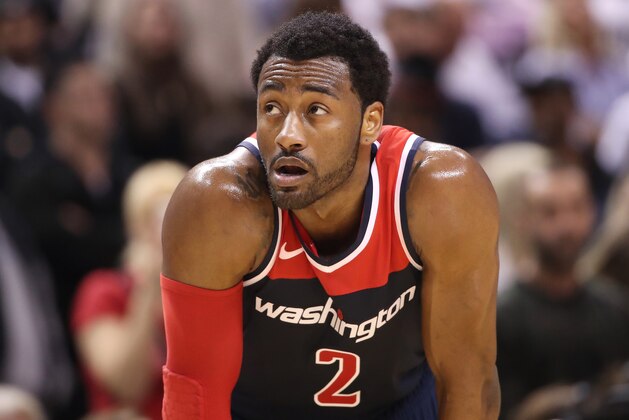 TORONTO, ON - APRIL 14: John Wall #2 of the Washington Wizards looks on against the Toronto Raptors during Game One of the first round of the 2018 NBA Playoffs at Air Canada Centre on April 14, 2018 in Toronto, Canada. NOTE TO USER: User expressly acknowledges and agrees that, by downloading and or using this photograph, User is consenting to the terms and conditions of the Getty Images License Agreement. (Photo by Tom Szczerbowski/Getty Images) *** Local Caption *** John Wall
