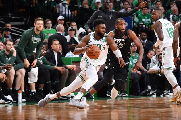 BOSTON, MA - APRIL 17:  Jaylen Brown #7 of the Boston Celtics handles the ball against the Milwaukee Bucks in Game Two of Round One of the 2018 NBA Playoffs on April 17, 2018 at TD Garden in Boston, Massachusetts. NOTE TO USER: User expressly acknowledges and agrees that, by downloading and or using this Photograph, user is consenting to the terms and conditions of the Getty Images License Agreement. Mandatory Copyright Notice: Copyright 2018 NBAE (Photo by Brian Babineau/NBAE via Getty Images)