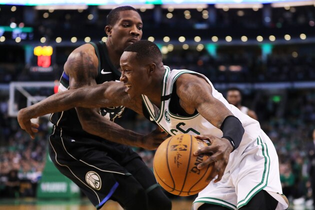 BOSTON, MA - APRIL 15: Eric Bledsoe #6 of the Milwaukee Bucks defends Terry Rozier #12 of the Boston Celtics during the third quarter of Game One of Round One of the 2018 NBA Playoffs during at TD Garden on April 15, 2018 in Boston, Massachusetts. (Photo by Maddie Meyer/Getty Images)