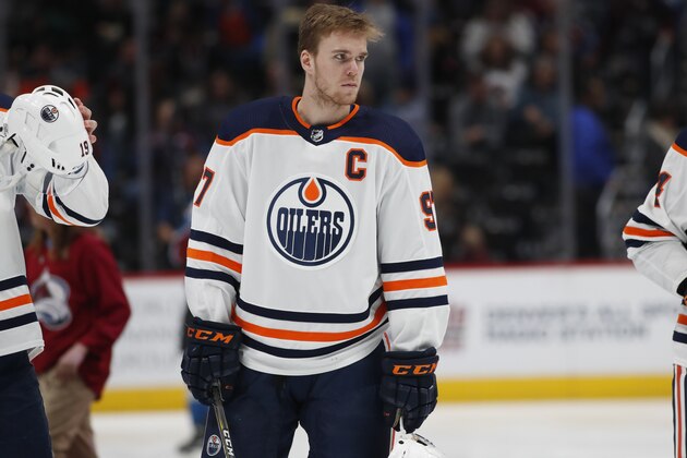 Edmonton Oilers center Connor McDavid (97) in the first period of an NHL hockey game Sunday, Feb. 18, 2018, in Denver. (AP Photo/David Zalubowski)