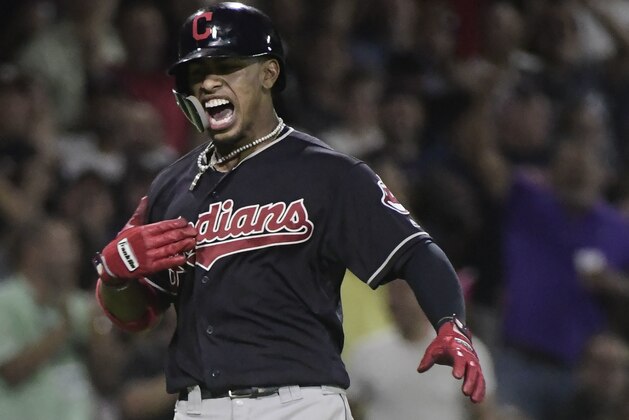 CORRECTS RIVAL TEAM TO MINNESOTA TWINS - Cleveland Indians' infielder Francisco Lindor celebrates a home run against the Minnesota Twins during the fifth inning of game one of a two-game MLB Series at Hiram Bithorn Stadium in San Juan, Puerto Rico, Tuesday, April 17, 2018. (AP Photo/Carlos Giusti) CORRECTS RIVAL TEAM TO MINNESOTA TWINS - Cleveland Indians' infielder Francisco Lindor celebrates a home run against the Minnesota Twins during the fifth inning of game one of a two-game MLB Series at Hiram Bithorn Stadium in San Juan, Puerto Rico, Tuesday, April 17, 2018. (AP Photo/Carlos Giusti)