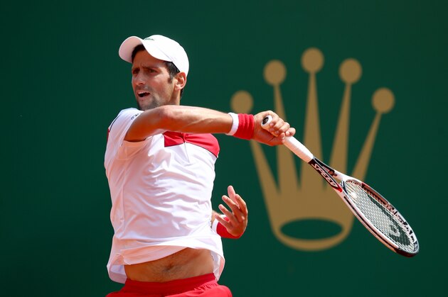 MONTE-CARLO, MONACO - APRIL 18:  Novak Djokovic of Serbia plays a forehand return during his Mens Singles match against Borna Coric of Croatia at Monte-Carlo Sporting Club on April 18, 2018 in Monte-Carlo, Monaco.  (Photo by Julian Finney/Getty Images)