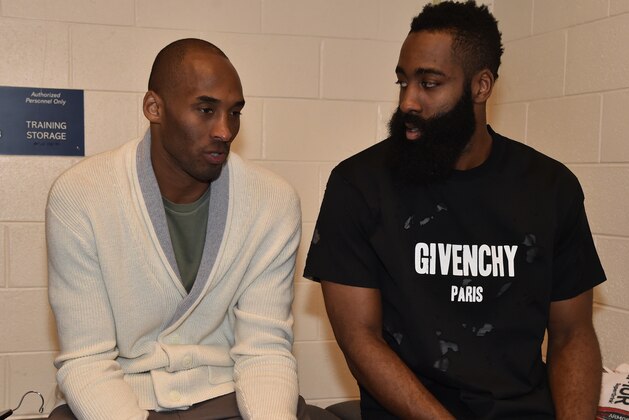 HOUSTON, TX - APRIL 10:  Kobe Bryant #24 of the Los Angeles Lakers talks to James Harden #13 of the Houston Rockets after the game on April 10, 2016 at the Toyota Center in Houston, Texas. NOTE TO USER: User expressly acknowledges and agrees that, by downloading and or using this photograph, User is consenting to the terms and conditions of the Getty Images License Agreement. Mandatory Copyright Notice: Copyright 2016 NBAE (Photo by Bill Baptist/NBAE via Getty Images)