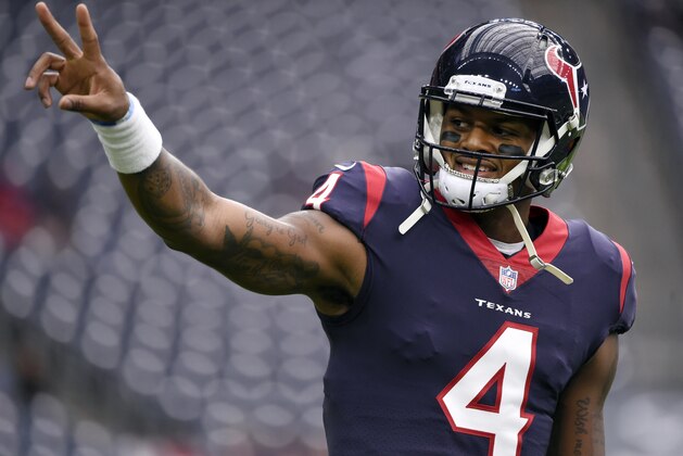 FILE - In this Oct. 15, 2017, file photo, Houston Texans quarterback Deshaun Watson (4) gestures as he warms up before an NFL football game against the Cleveland Browns in Houston. Though the Texans are just 3-3 entering their bye, the development of Watson has them encouraged that they’ve finally found the player to end their years of quarterback woes and help this franchise take the next step. (AP Photo/Eric Christian Smith, File)
