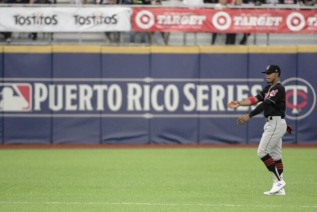 Cleveland Indians' Francisco Lindor enters the field moments before game one of a two-game MLB Series against The Minnesota Twins at Hiram Bithorn Stadium in San Juan, Puerto Rico, Tuesday, April 17, 2018. (AP Photo/Carlos Giusti)