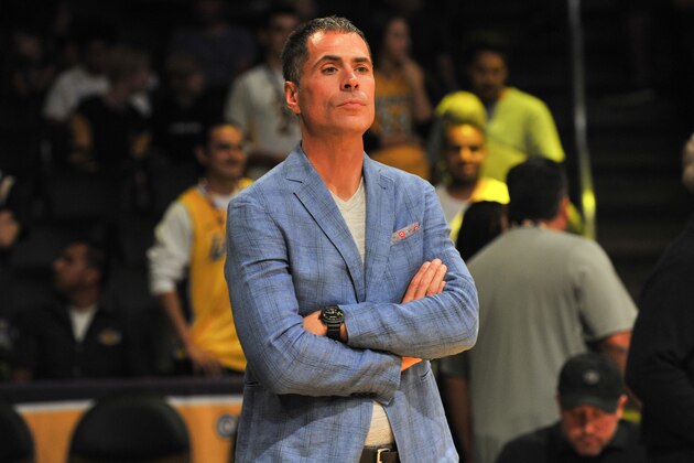 LOS ANGELES, CA - OCTOBER 22: Lakers GM Rob Pelinka attends a basketball game between the Los Angeles Lakers and the New Orleans Pelicans at Staples Center on October 22, 2017 in Los Angeles, California.  (Photo by Allen Berezovsky/Getty Images)