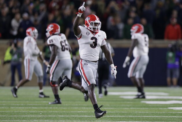 Georgia linebacker Roquan Smith (3) celebrates a fumble recovery during the second half of an NCAA college football game against Notre Dame in South Bend, Ind., Saturday, Sept. 9, 2017. No. 13 Georgia is refocusing on Saturday's visit from Samford after it showed in last week's win at Notre Dame it can lean on its defense that features unusual speed, including from linebacker Roquan Smith. (AP Photo/Michael Conroy)