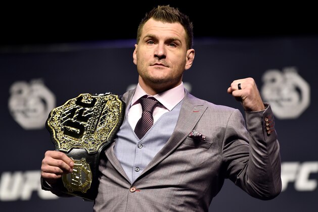 BROOKLYN, NEW YORK - APRIL 06:   Stipe Miocic poses for photos during the UFC press conference inside Barclays Center on April 6, 2018 in Brooklyn, New York. (Photo by Jeff Bottari/Zuffa LLC/Zuffa LLC via Getty Images)