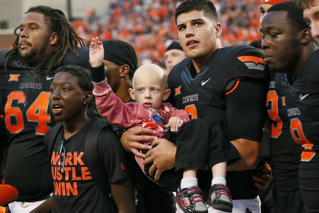 Oklahoma State quarterback Mason Rudolph throws during a drill at the NFL football scouting combine, Saturday, March 3, 2018, in Indianapolis. (AP Photo/Darron Cummings)