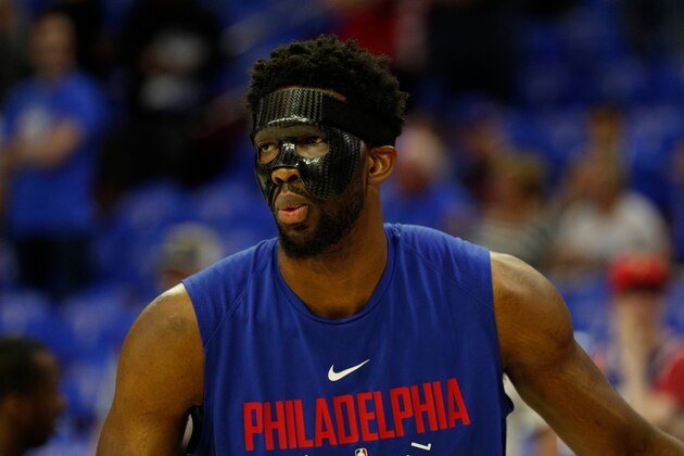 Philadelphia 76ers' Joel Embiid, of Cameroon, looks on prior to the first half in Game 1 of a first-round NBA basketball playoff series against the Miami Heat, Saturday, April 14, 2018, in Philadelphia. (AP Photo/Chris Szagola)