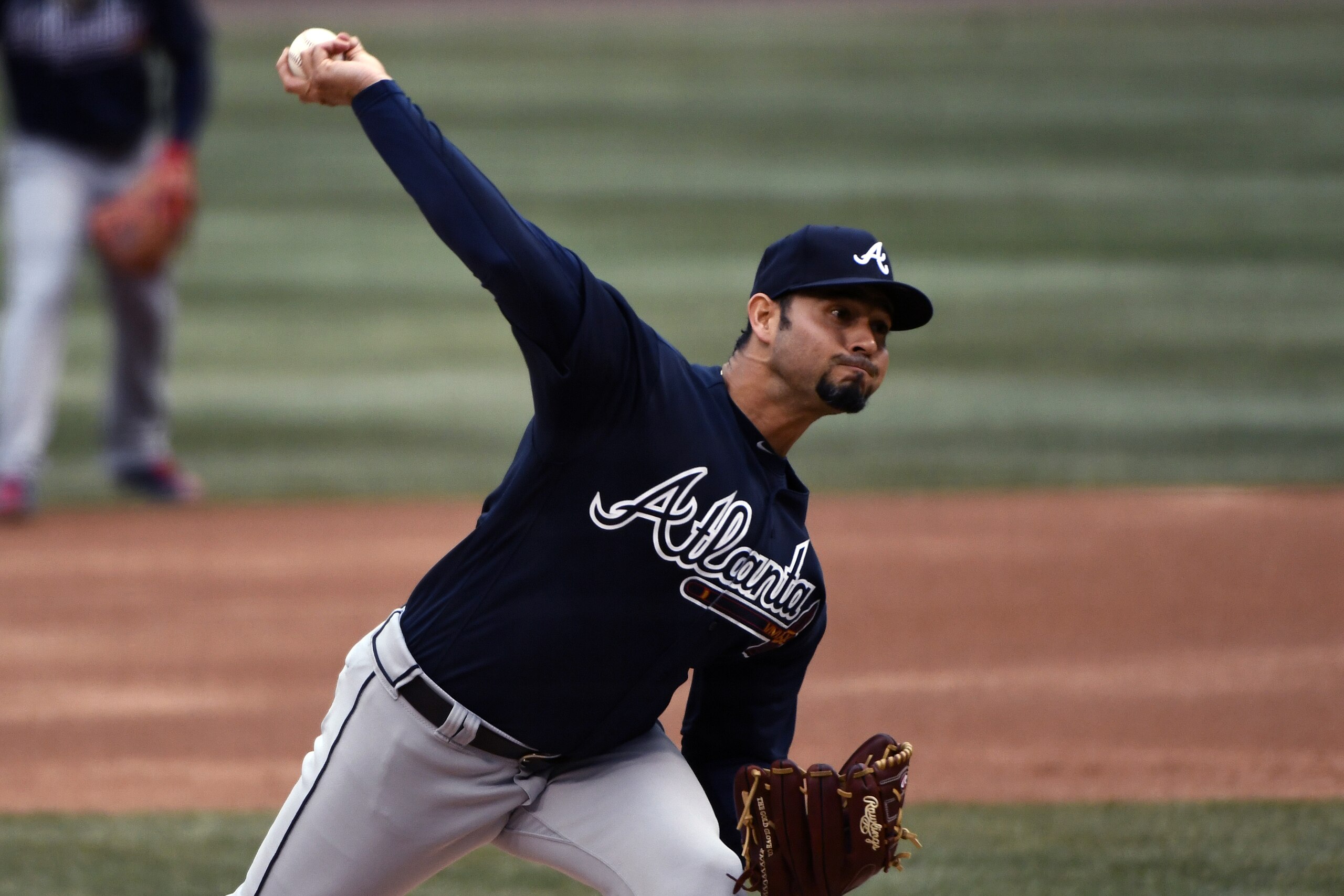 Atlanta Braves starting pitcher Anibal Sanchez (19) delivers during the first inning of a baseball game against the Chicago Cubs on Friday, April 13, 2018, in Chicago. (AP Photo/Matt Marton)