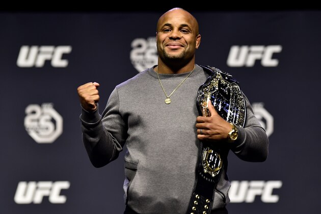 BROOKLYN, NEW YORK - APRIL 06:   Daniel Cormier poses for photos during the UFC press conference inside Barclays Center on April 6, 2018 in Brooklyn, New York. (Photo by Jeff Bottari/Zuffa LLC/Zuffa LLC via Getty Images)