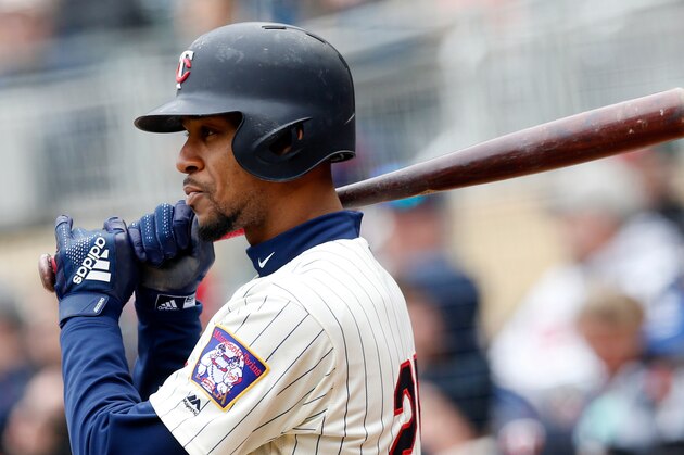 Minnesota Twins' Byron Buxton waits to bat against the Houston Astros in a baseball game Wednesday, April 11, 2018, in Minneapolis. (AP Photo/Jim Mone)