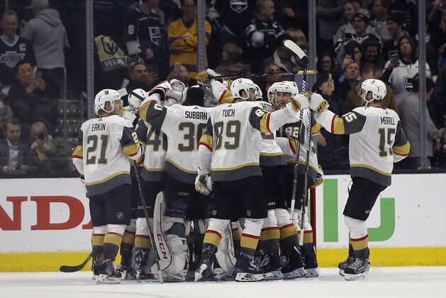 Vegas Golden Knights players celebrate after defeating the Los Angeles Kings 1-0, and sweeping the series in Game 4 of an NHL hockey first-round playoff series in Los Angeles, Tuesday, April 17, 2018. (AP Photo/Alex Gallardo) Vegas Golden Knights players celebrate after defeating the Los Angeles Kings 1-0, and sweeping the series in Game 4 of an NHL hockey first-round playoff series in Los Angeles, Tuesday, April 17, 2018. (AP Photo/Alex Gallardo)