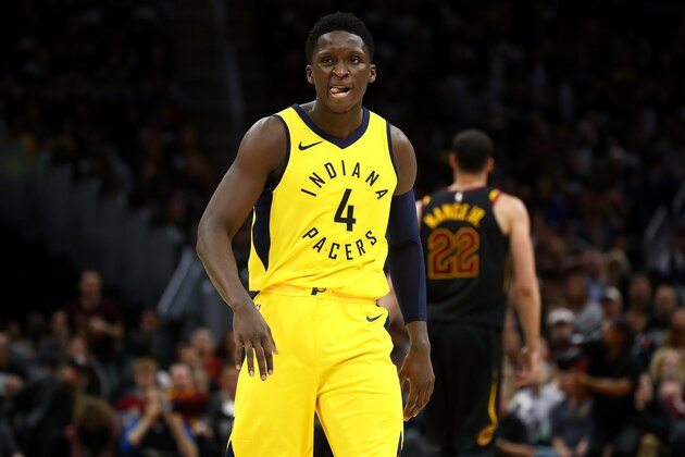 CLEVELAND, OH - APRIL 15:  Victor Oladipo #4 of the Indiana Pacers reacts to a fourth quarter three point basket while playing the Cleveland Cavaliers in Game One of the Eastern Conference Quarterfinals during the 2018 NBA Playoffs at Quicken Loans Arena on April 15, 2018 in Cleveland, Ohio. Indiana won the game 98-80 to take a 1-0 series lead. NOTE TO USER: User expressly acknowledges and agrees that, by downloading and or using this photograph, User is consenting to the terms and conditions of the Getty Images License Agreement. (Photo by Gregory Shamus/Getty Images)