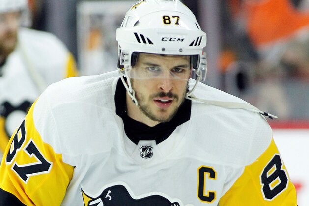 Pittsburgh Penguins' Captain Sidney Croisby before the start of a first round NHL hockey game against the Philadelphia Flyers, Sunday, April 15, 2018, in Philadelphia. (AP Photo/Tom Mihalek)