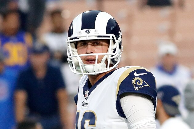 LOS ANGELES, CA - JANUARY 06:  Jared Goff #16 of the Los Angeles Rams during the NFC Wild Card Playoff Game against the Atlanta Falcons at the Los Angeles Coliseum on January 6, 2018 in Los Angeles, California.  (Photo by Josh Lefkowitz/Getty Images)