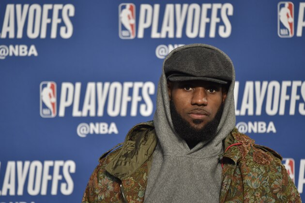 CLEVELAND, OH - APRIL 18: LeBron James #23 of the Cleveland Cavaliers speaks to the media after game against the Indiana Pacers in Game Two of Round One during the 2018 NBA Playoffs on April 18, 2018 at Quicken Loans Arena in Cleveland, Ohio. NOTE TO USER: User expressly acknowledges and agrees that, by downloading and/or using this photograph, user is consenting to the terms and conditions of the Getty Images License Agreement. Mandatory Copyright Notice: Copyright 2018 NBAE (Photo by David Liam Kyle/NBAE via Getty Images) CLEVELAND, OH - APRIL 18: LeBron James #23 of the Cleveland Cavaliers speaks to the media after game against the Indiana Pacers in Game Two of Round One during the 2018 NBA Playoffs on April 18, 2018 at Quicken Loans Arena in Cleveland, Ohio. NOTE TO USER: User expressly acknowledges and agrees that, by downloading and/or using this photograph, user is consenting to the terms and conditions of the Getty Images License Agreement. Mandatory Copyright Notice: Copyright 2018 NBAE (Photo by David Liam Kyle/NBAE via Getty Images)