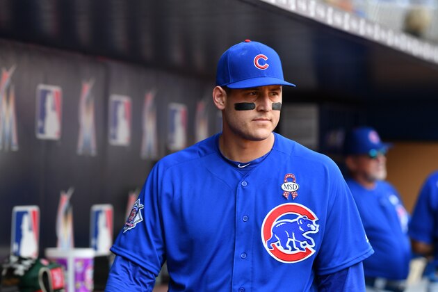 MIAMI, FL - APRIL 01: Anthony Rizzo #44 of the Chicago Cubs in the dugout before the game against the Miami Marlins at Marlins Park on April 1, 2018 in Miami, Florida. (Photo by B51/Mark Brown/Getty Images) *** Local Caption *** Anthony Rizzo