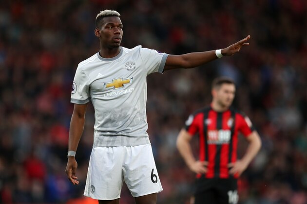 BOURNEMOUTH, ENGLAND - APRIL 18: Paul Pogba of Manchester United during the Premier League match between AFC Bournemouth and Manchester United at Vitality Stadium on April 18, 2018 in Bournemouth, England. (Photo by Catherine Ivill/Getty Images)